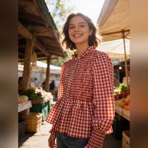 Rosa Clothing Gingham Ruffled Blouse Sz Med